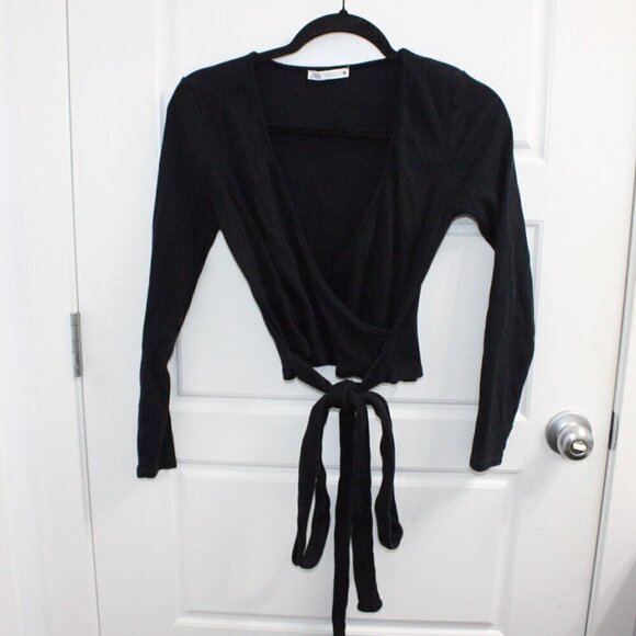 Zara Cropped Surplice Wrap Top Long Sleeve Black Size Medium - Picture 1 of 4